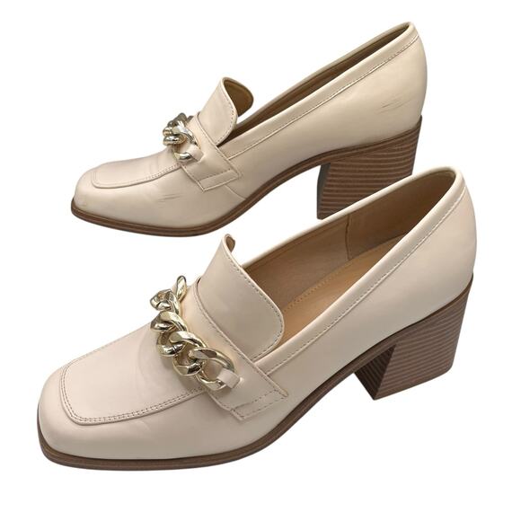 Nine West Cream Loafers Chain Detail 10 Block Heel Square Toe Business Office - Picture 2 of 5
